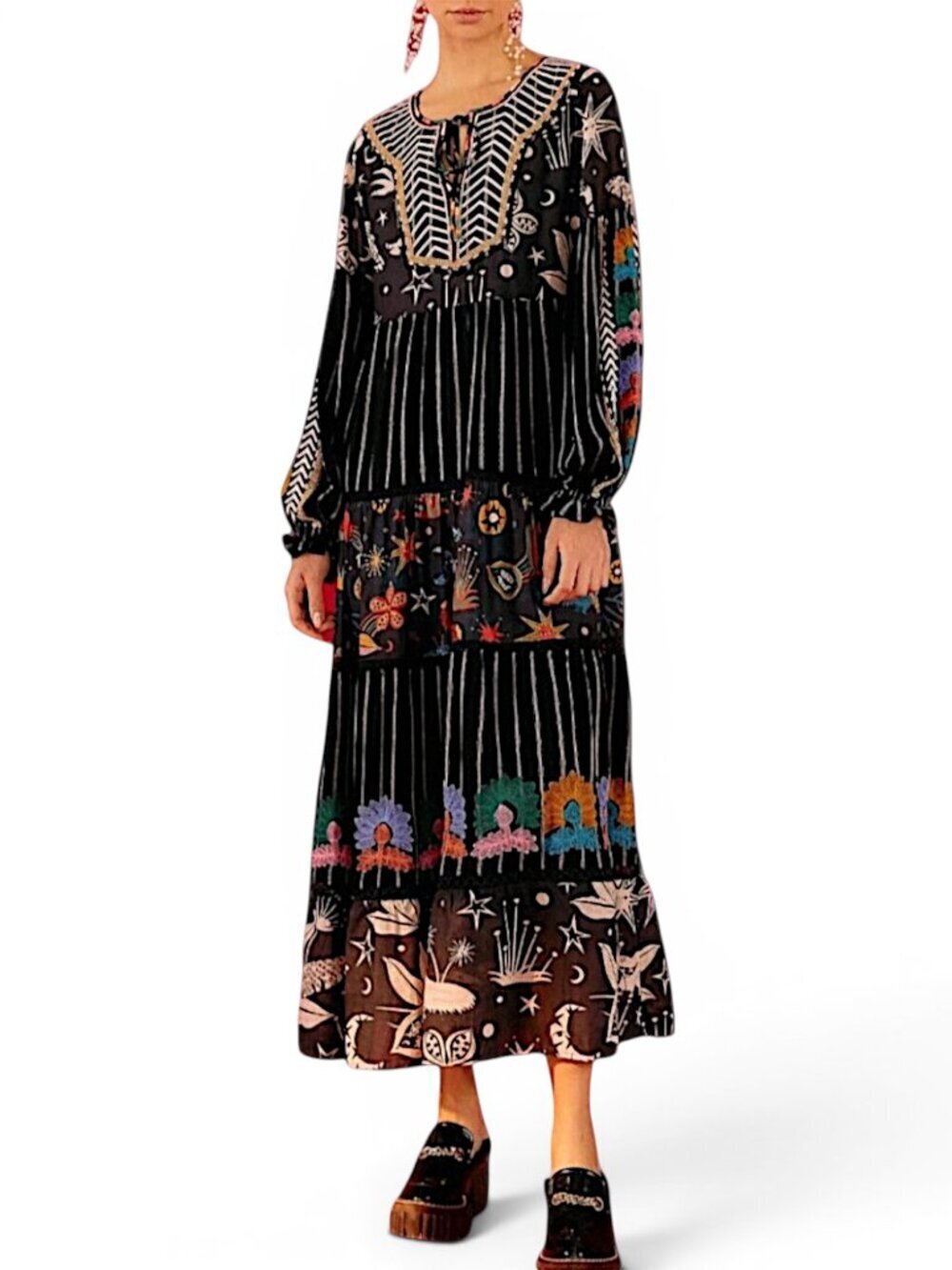 Farm Rio Long Black Mixed Prints Embroidered Maxi Dress Bohemian Boho New NWOT S